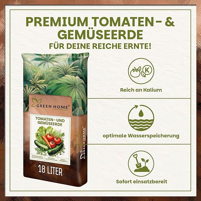 Premium Tomaten- und Gemüseerde von Green Home mit Kalium, optimaler Wasserspeicherung und sofortiger Einsatzbereitschaft
