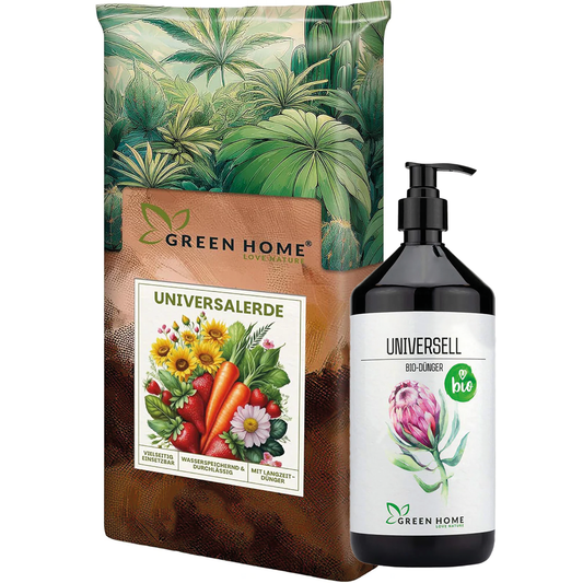 Green Home Universal Bundle mit Universalerde im Sack und Bio-Dünger in schwarzer Pumpflasche vor weißem Hintergrund.