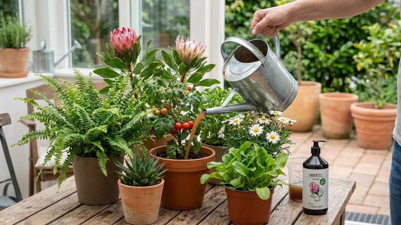 Gießen von Topfpflanzen auf einem Gartentisch mit Green Home Bio-Dünger für gesundes Wachstum.