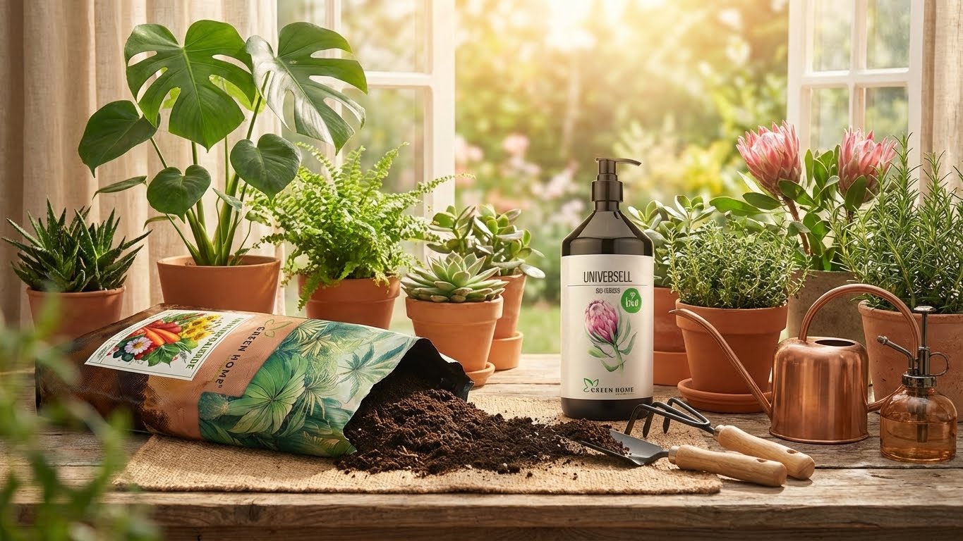 Green Home Universalerde und Bio-Dünger in einer hellen Wohnumgebung mit Zimmerpflanzen und Gartenwerkzeug.