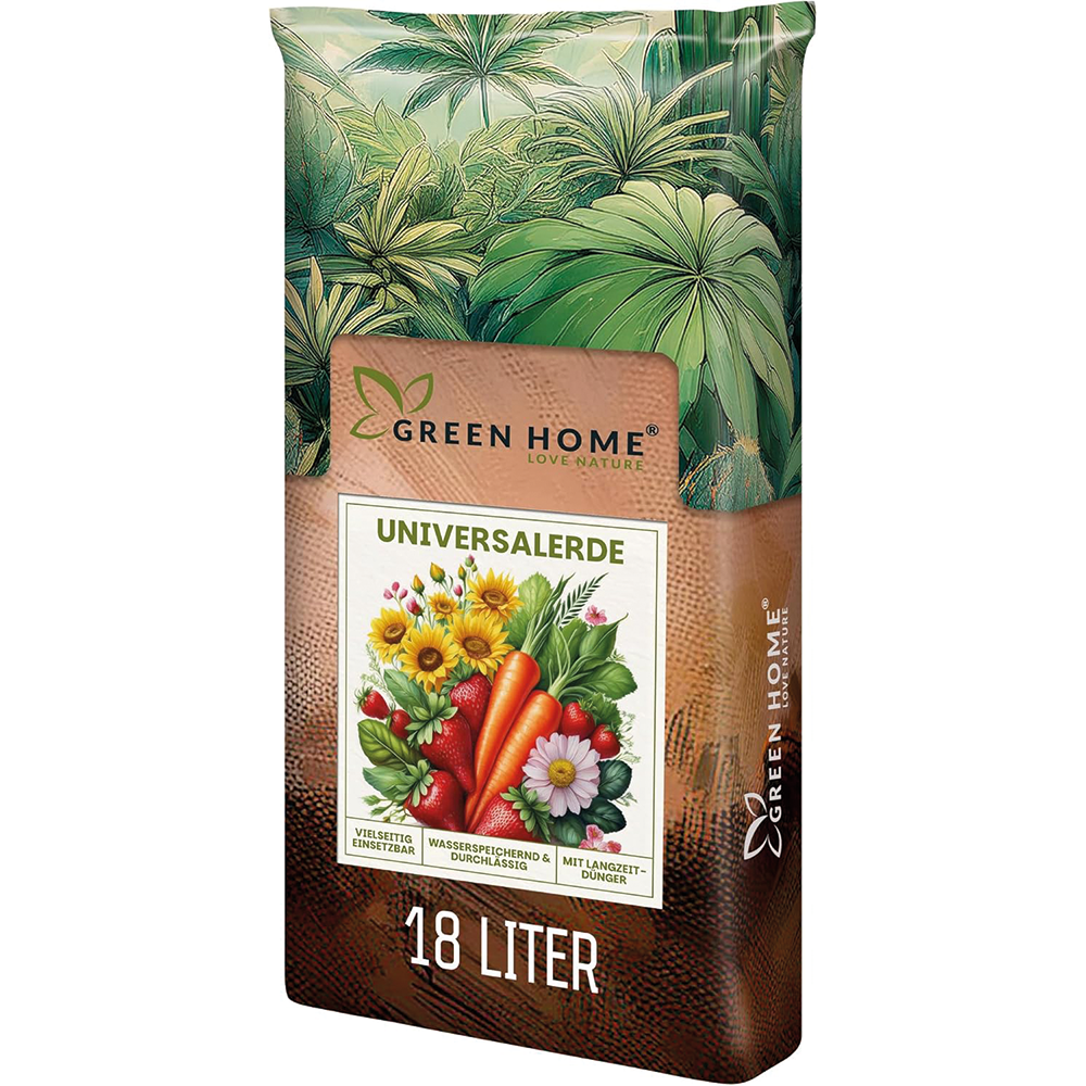 Green Home Universalerde 18 Liter in schräger Produktansicht mit vielseitiger Premium-Erde für drinnen und draußen.
