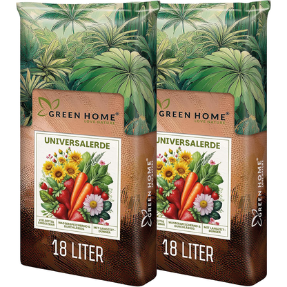 Zwei Säcke Green Home Universalerde à 18 Liter für Balkonpflanzen, Zimmerpflanzen und vielseitige Gartenprojekte.
