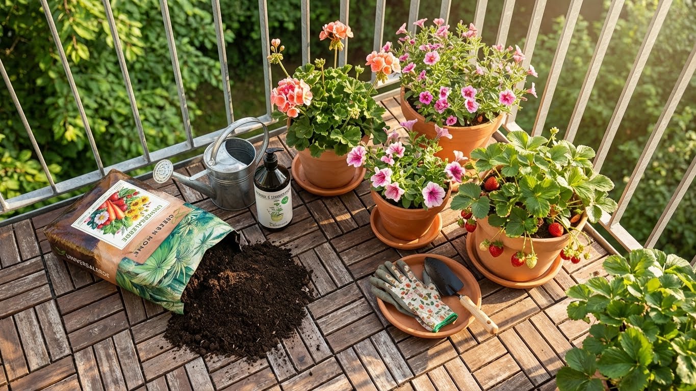 Balkon mit mehreren bepflanzten Töpfen, Universalerde und Bio-Dünger – vollständiges Balkonpflanzen-Setup