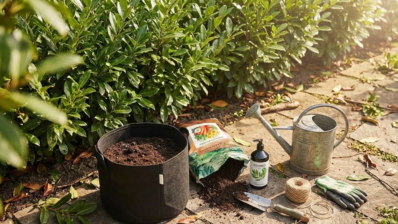 Gartenarbeit an einer Kirschlorbeerhecke mit Universalerde, Bio-Dünger, Gießkanne und Pflanzwerkzeug auf der Terrasse