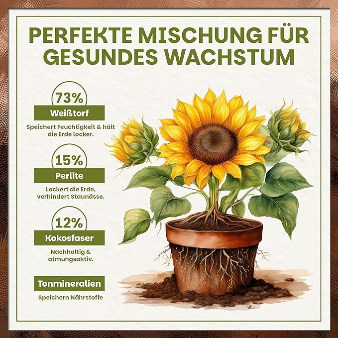 Grafische Darstellung der Universalerde mit Weißtorf, Perlite, Kokosfasern und Tonmineralien für gesundes Pflanzenwachstum.