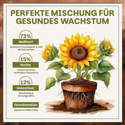 Grafische Darstellung der Universalerde mit Weißtorf, Perlite, Kokosfasern und Tonmineralien für gesundes Pflanzenwachstum.