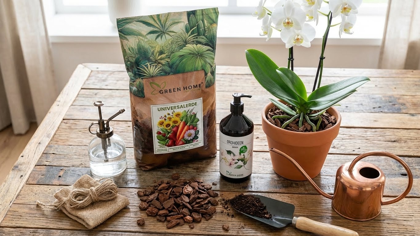 Green Home Orchideen Bundle mit Universalerde, Bio-Dünger, Orchidee im Tontopf und Pflanzwerkzeug auf Holztisch