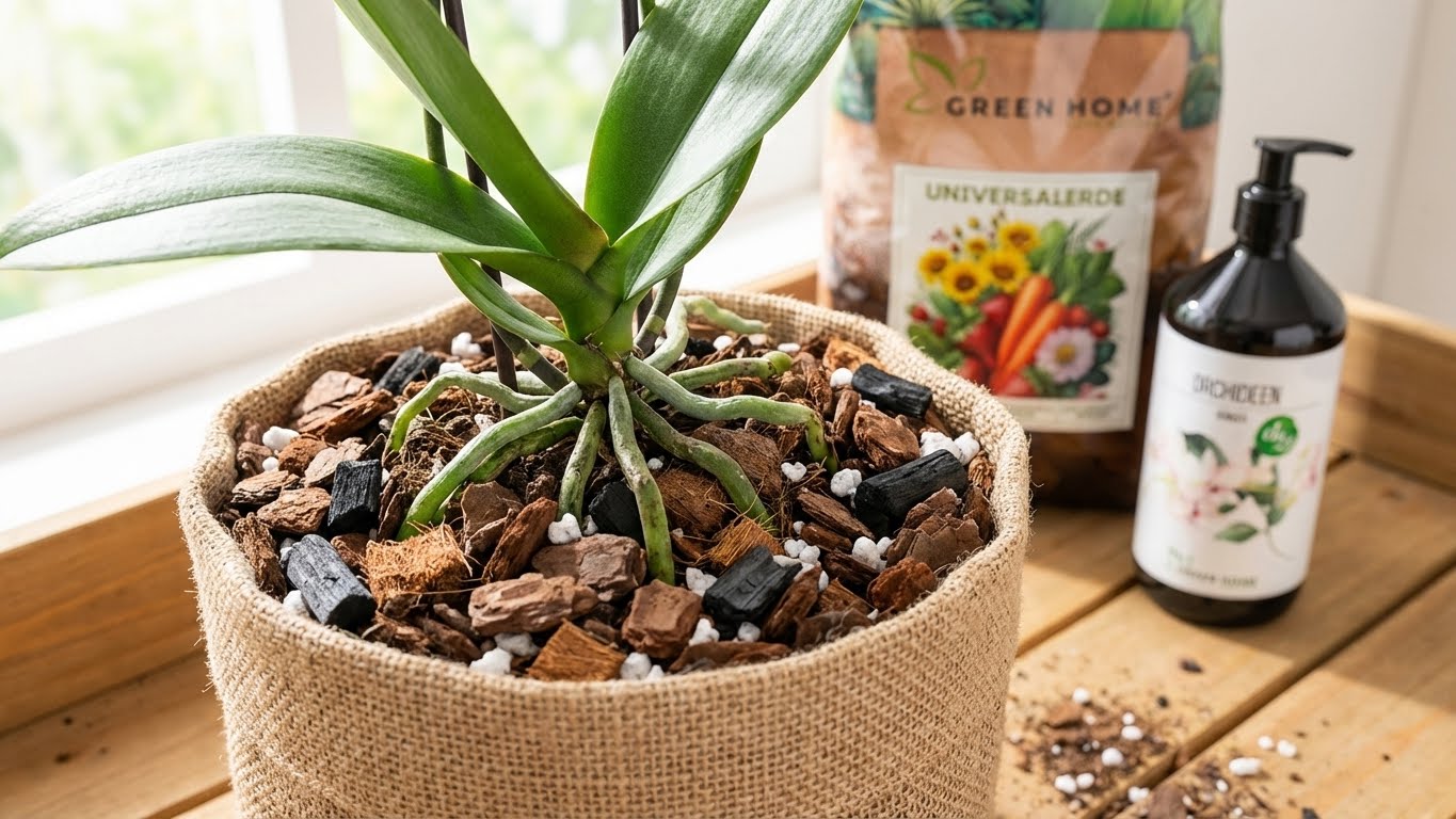 Orchidee in luftiger Rindenmischung im Stofftopf, daneben Green Home Universalerde und Orchideen Bio-Dünger
