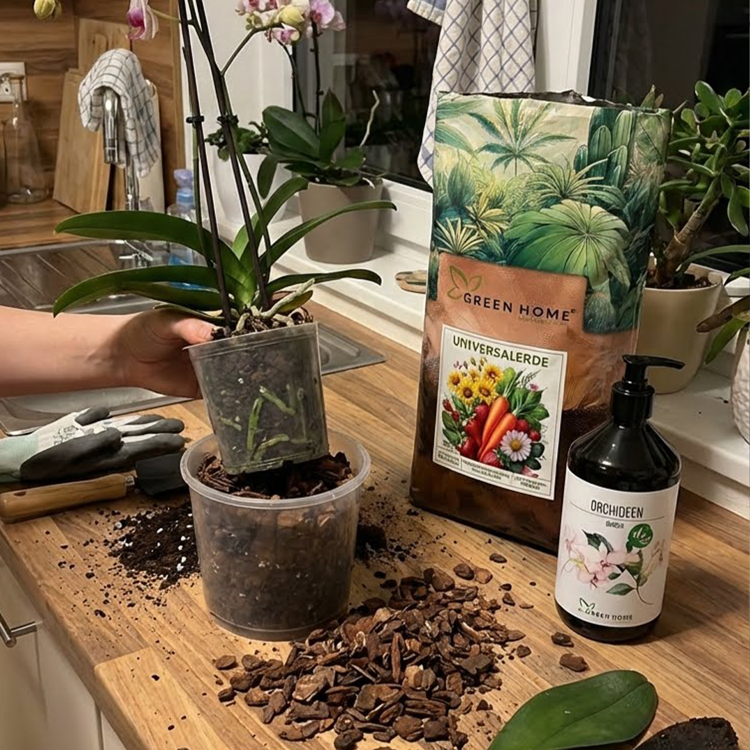 Umtopfen einer Orchidee in der Küche mit Green Home Universalerde, Rindenstücken und Orchideen Bio-Dünger