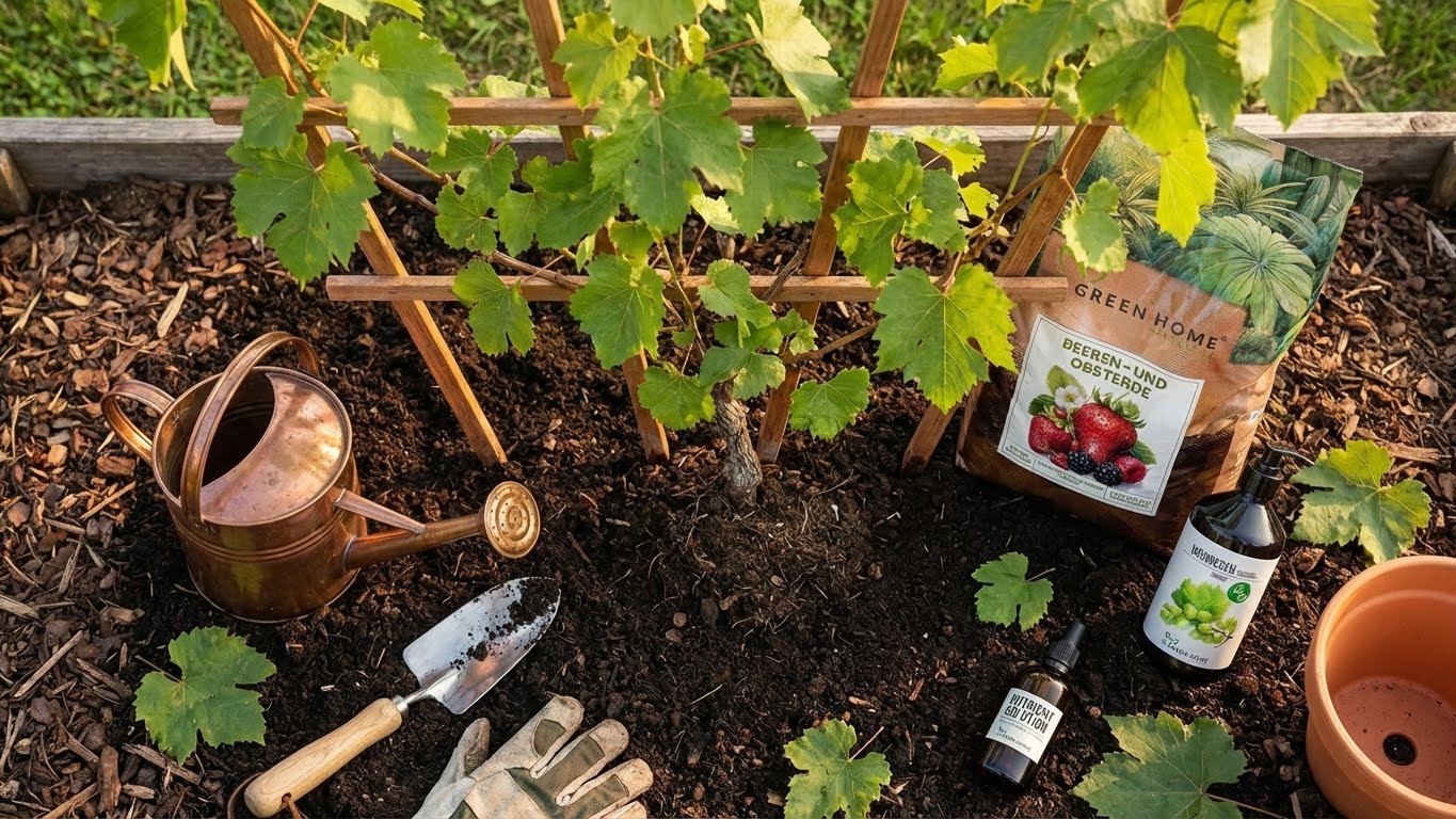 Weinrebe im Garten mit Beeren- und Obsterde, Dünger und Pflanzwerkzeug