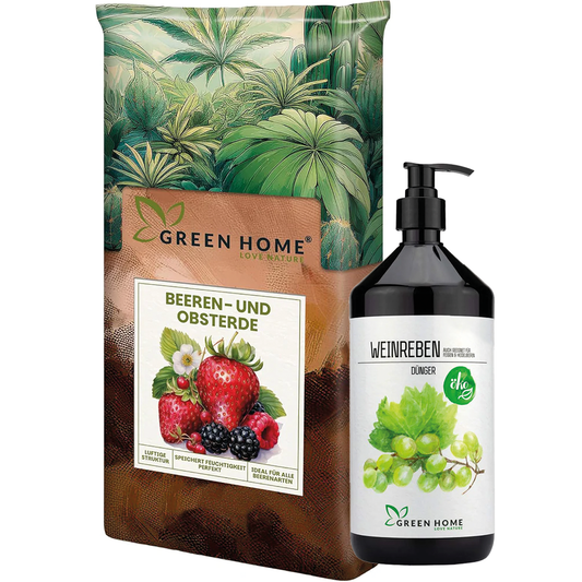 Green Home Weinreben Bundle mit Beeren- und Obsterde sowie kaliumreichem Bio-Dünger in der Pumpflasche.