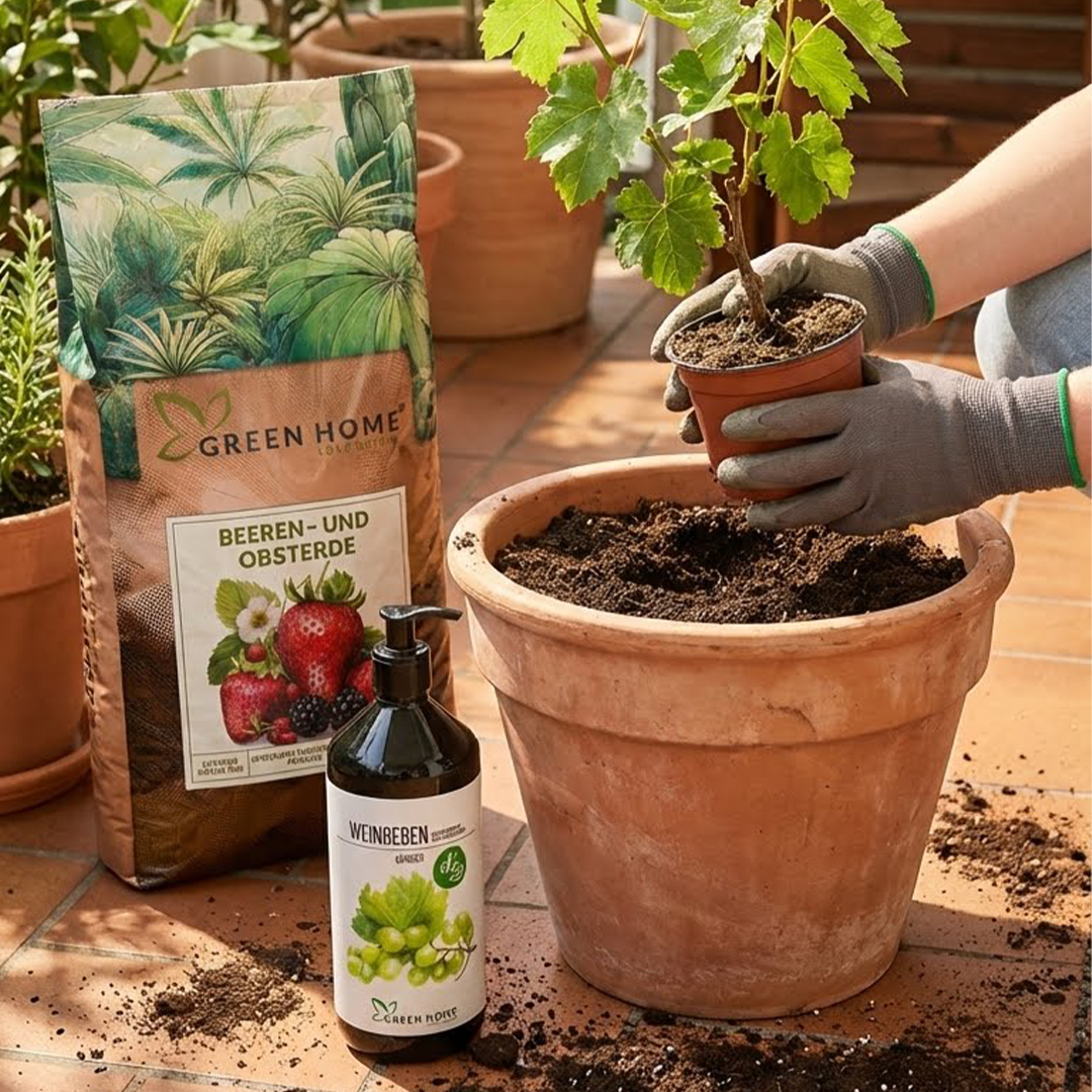 Umtopfen einer jungen Weinrebe mit Green Home Erde und Bio-Dünger