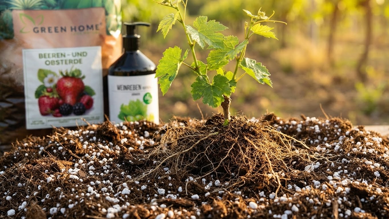 Weinrebe mit freigelegten Wurzeln in luftiger Beeren- und Obsterde von Green Home