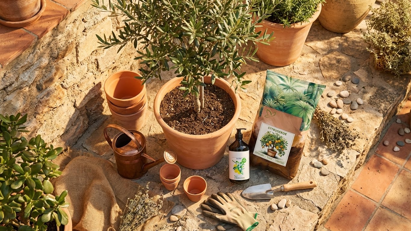 Top-Down-Ansicht eines Olivenbaums im Topf mit Zitruserde, Bio-Dünger, Gartengeräten und Pflanzzubehör.