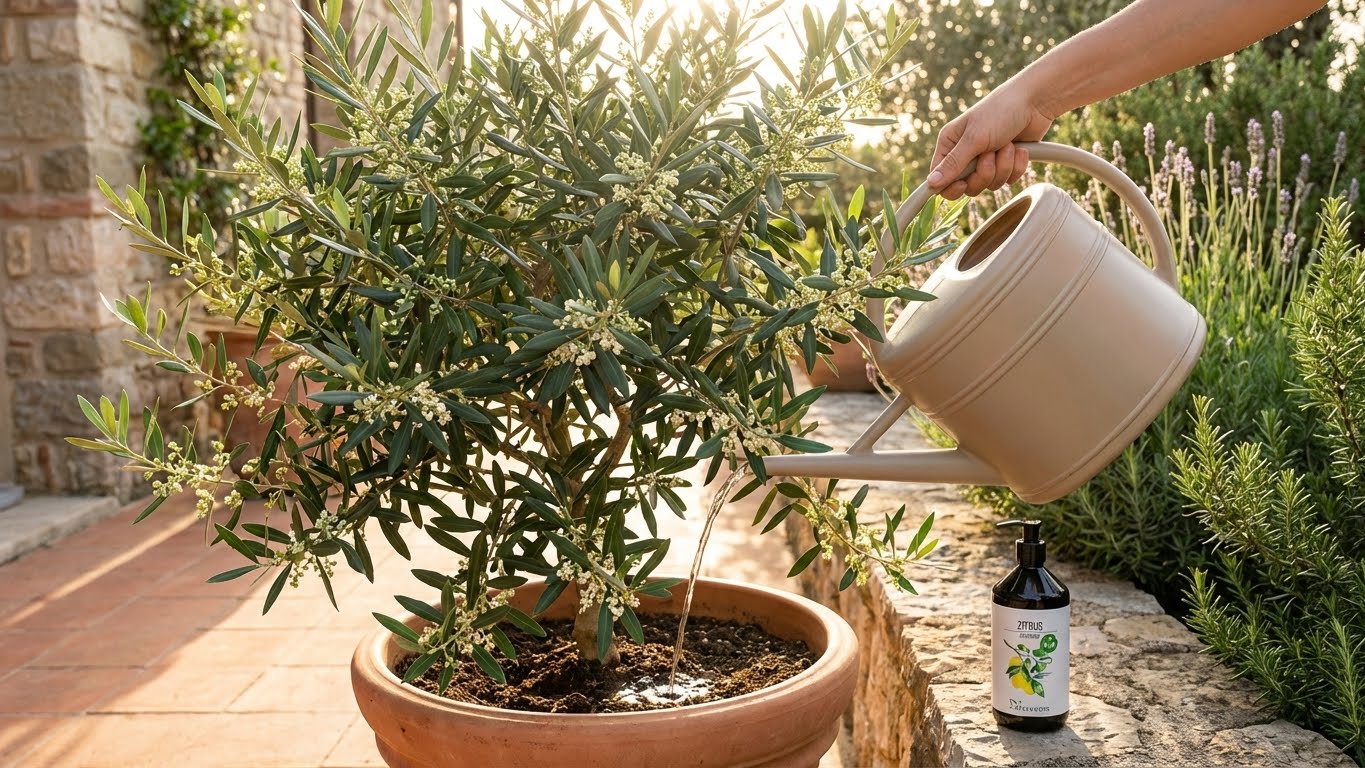 Olivenbaum im Topf wird im Garten mit Gießkanne bewässert, Zitrus Bio-Dünger steht daneben.