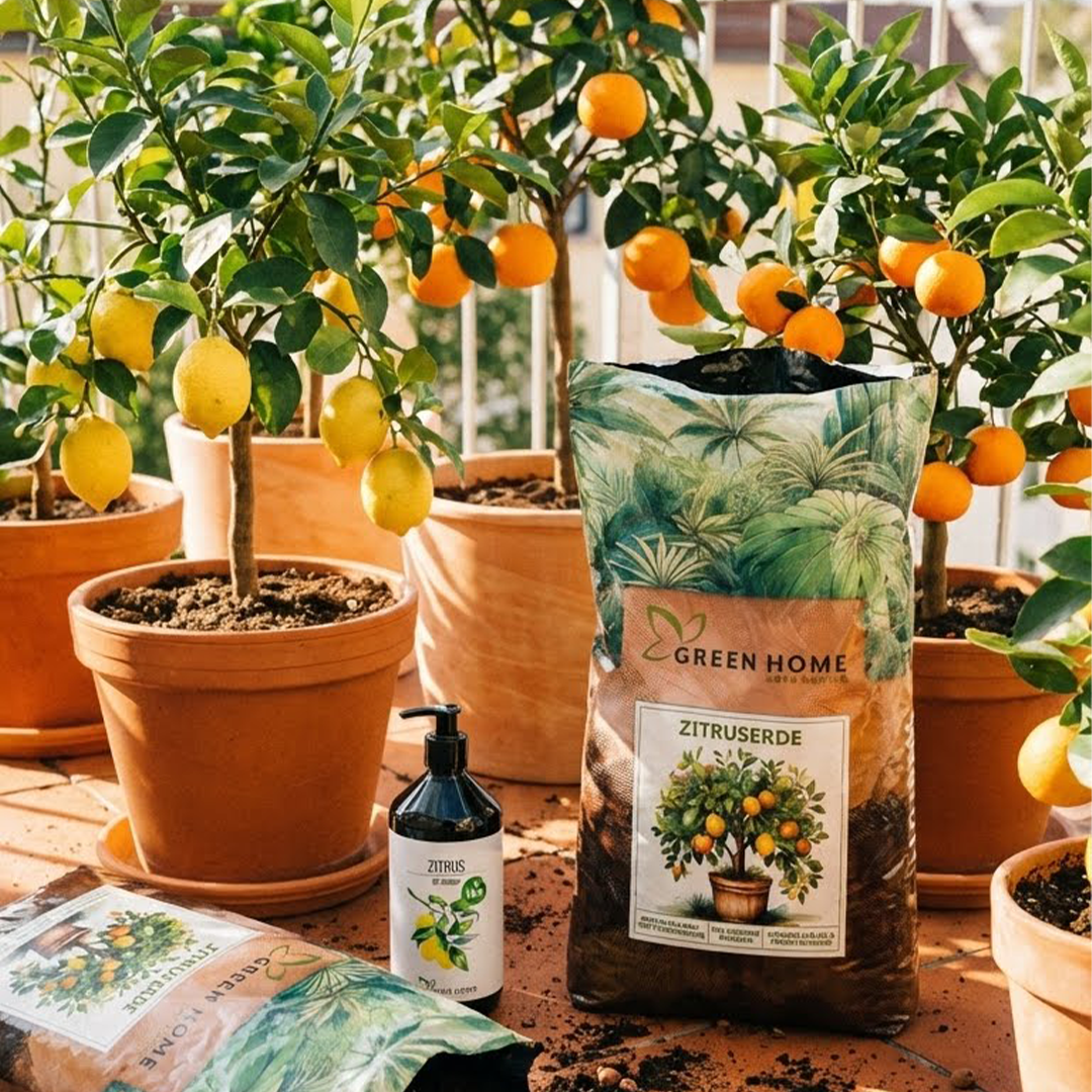 Mehrere Zitrusbäume im Topf mit Green Home Zitruserde und Bio-Dünger auf sonniger Terrasse.