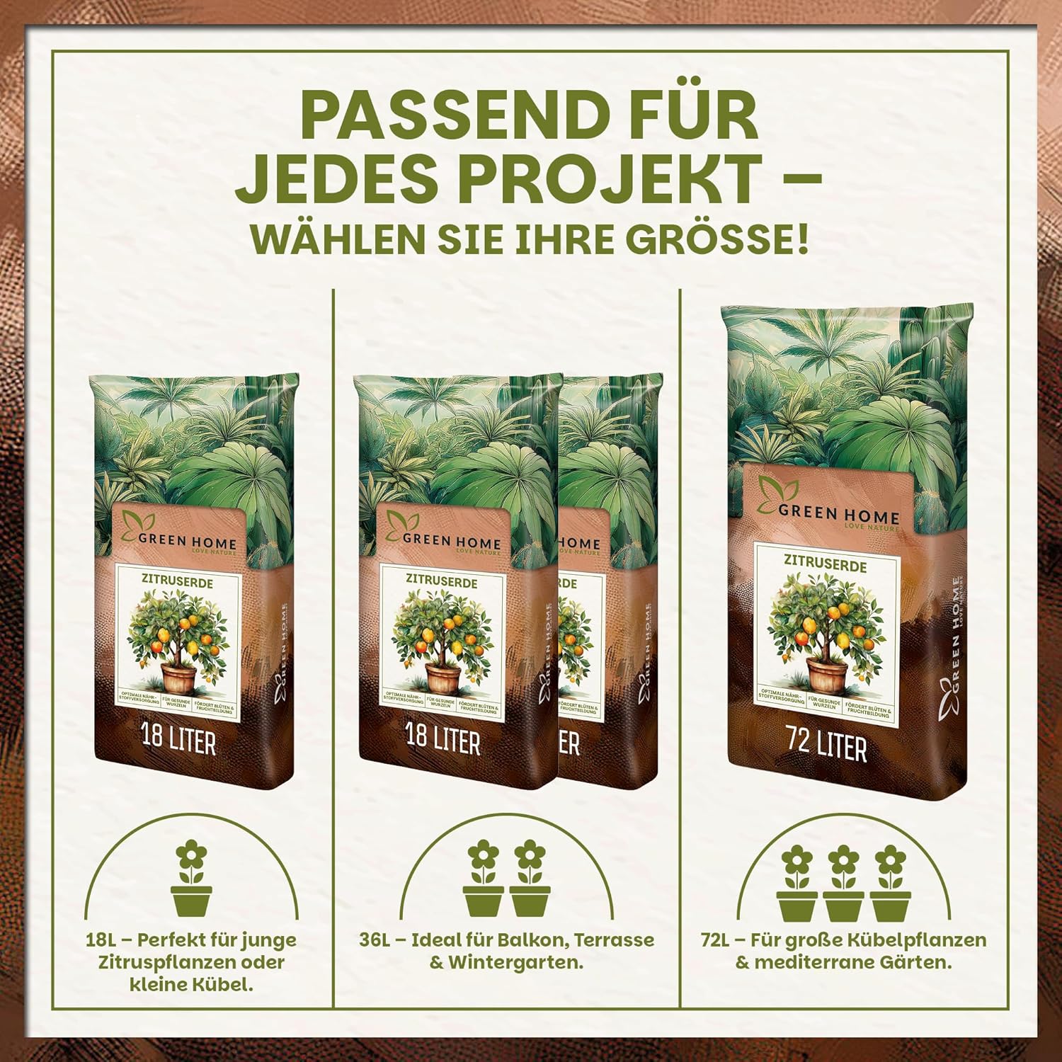 Übersicht der verfügbaren Größen der Green Home Zitruserde mit 18 Liter, 36 Liter und 72 Liter Säcken und passender Einsatzempfehlung.