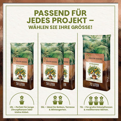 Übersicht der verfügbaren Größen der Green Home Zitruserde mit 18 Liter, 36 Liter und 72 Liter Säcken und passender Einsatzempfehlung.