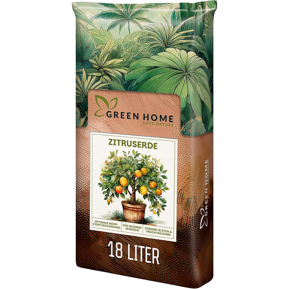 Green Home Zitruserde 18 Liter Sack mit Illustration eines Zitronenbaums und deutlich sichtbarer 18-Liter-Angabe auf der Verpackung.