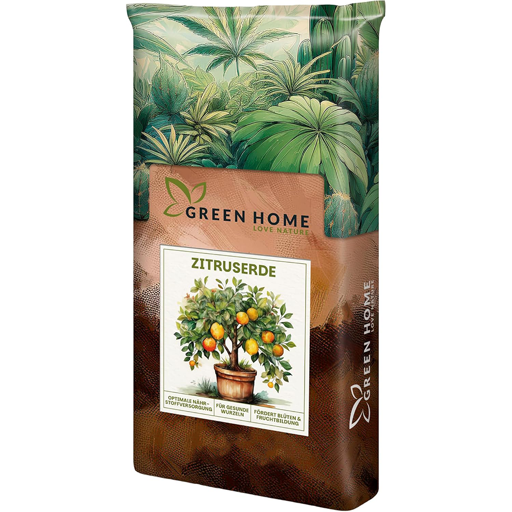 Green Home Zitruserde Sack mit abgebildetem Zitronenbaum auf der Vorderseite vor grünem Pflanzenmotiv-Hintergrund.