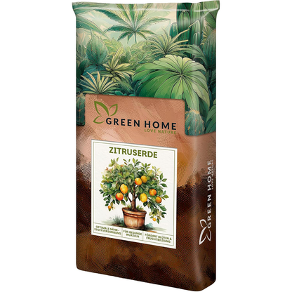 Green Home Zitruserde Sack mit abgebildetem Zitronenbaum auf der Vorderseite vor grünem Pflanzenmotiv-Hintergrund.