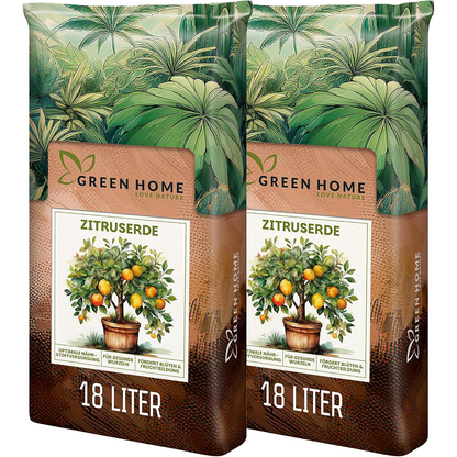 Zwei Säcke Green Home Zitruserde à 18 Liter nebeneinander mit Zitronenbaum-Abbildung und 18-Liter-Kennzeichnung auf beiden Verpackungen.