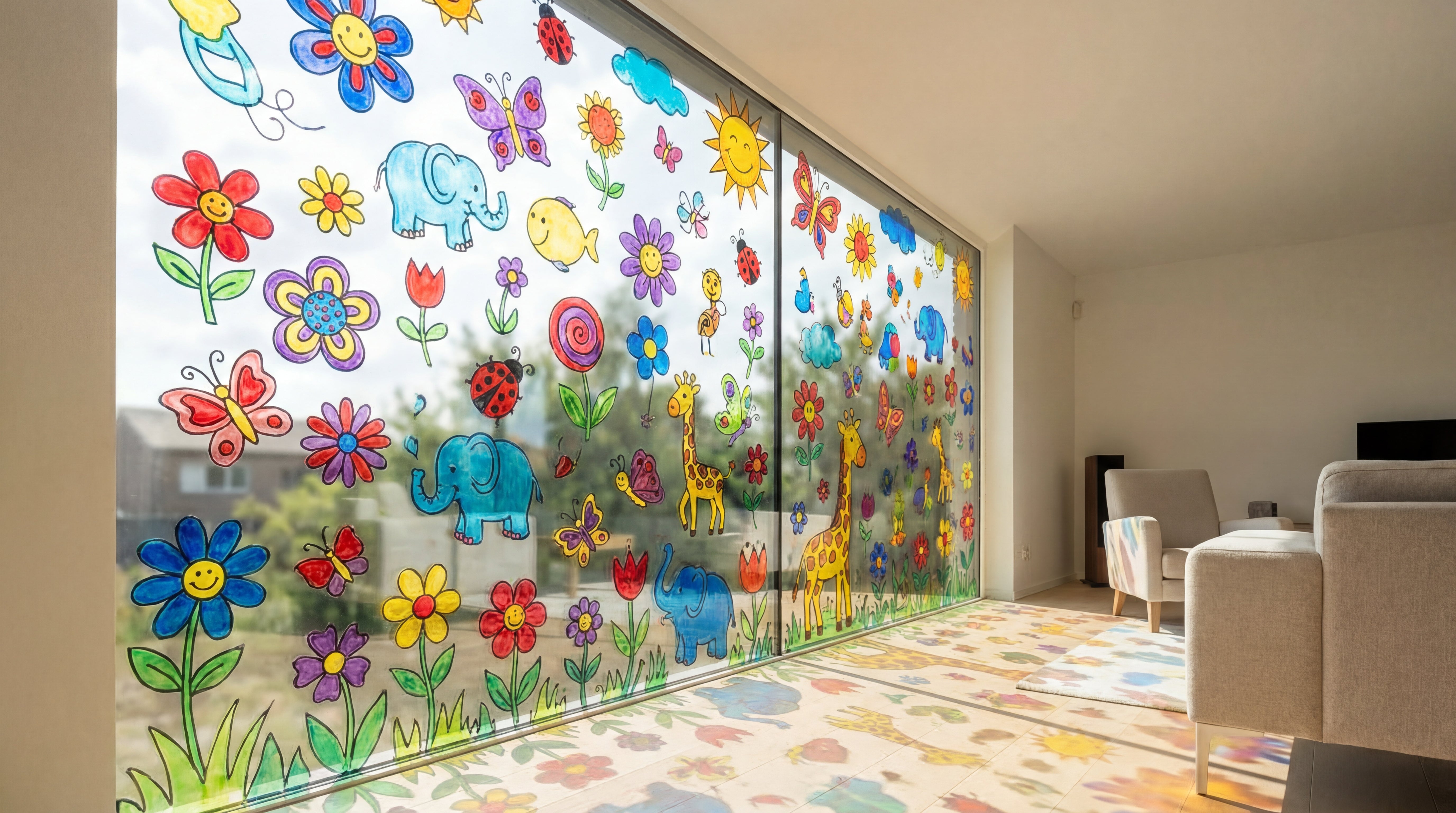 Große Fensterfront mit bunten Window Color Motiven wie Blumen und Tieren, gestaltet mit dem LM Kreativ Set.
