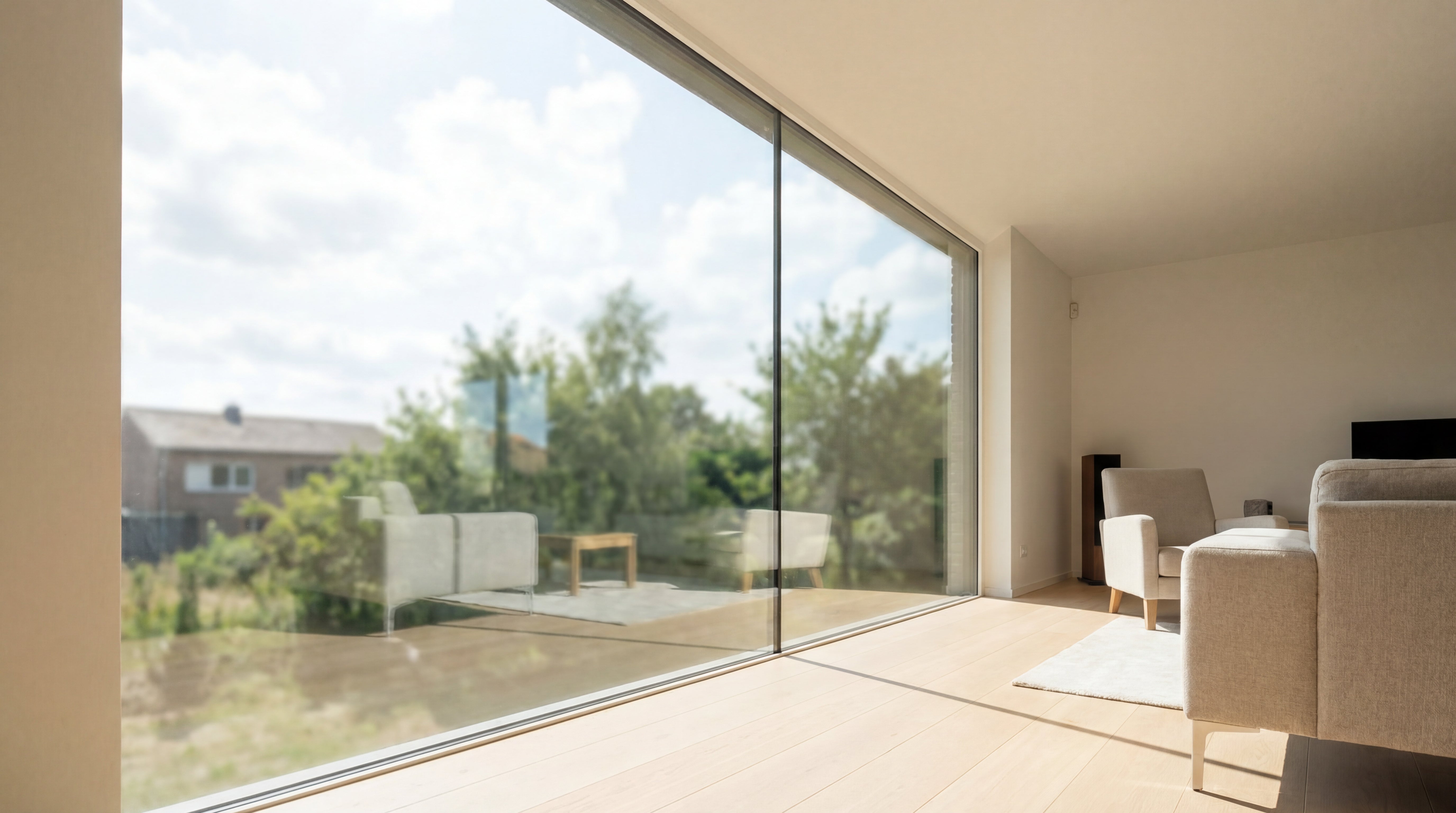 Große bodentiefe Fensterfront ohne Dekoration in modernem Wohnraum vor der Gestaltung mit Window Color.