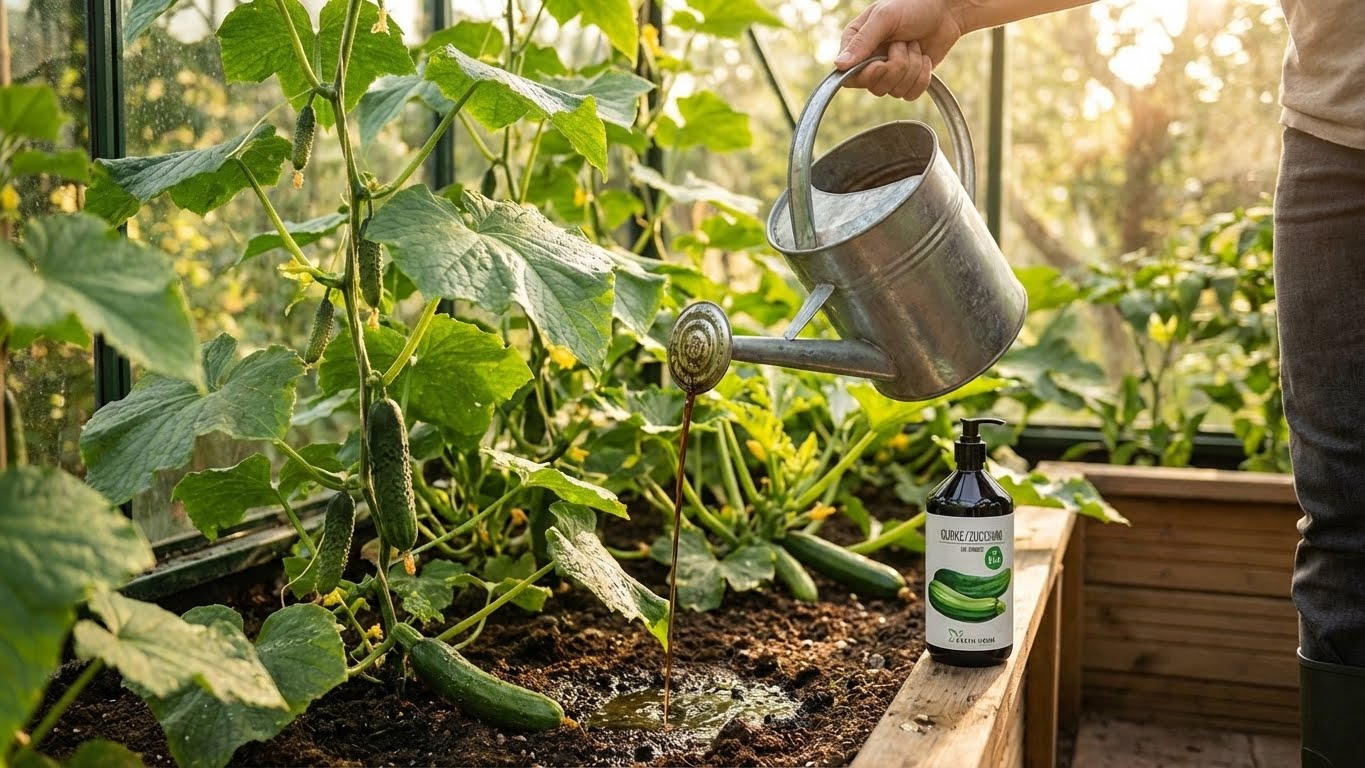 Gurkenpflanzen im Hochbeet werden mit flüssigem Green Home Bio-Dünger gegossen – für gesundes Wachstum und starke Früchte.