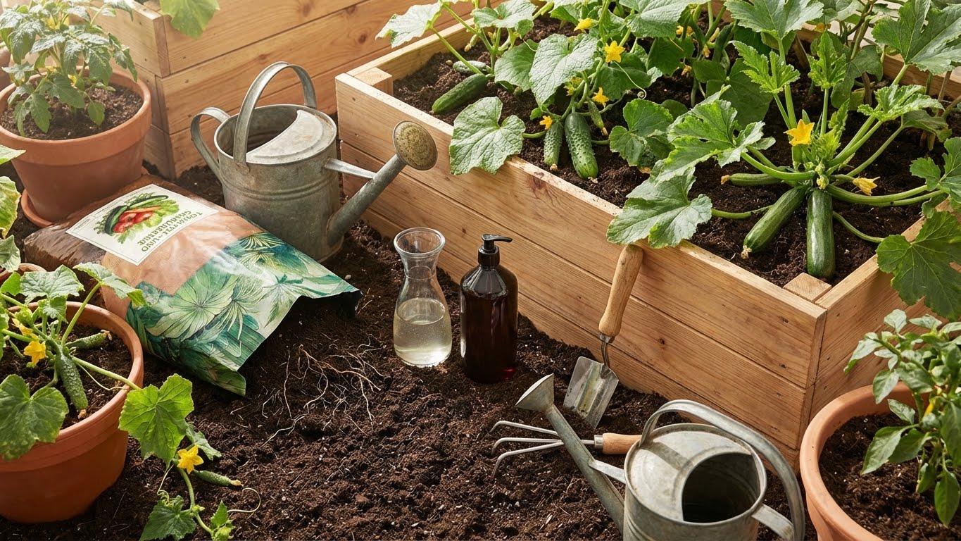 Green Home Tomaten- und Gemüseerde mit Bio-Dünger im Hochbeet – optimale Pflege für Gurken und Zucchini im Garten.