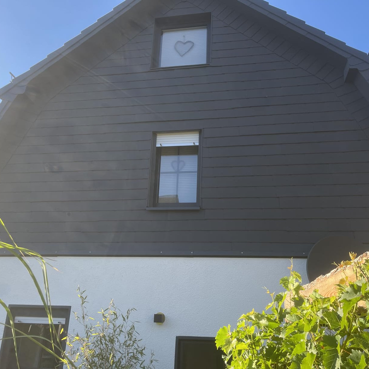 Hausfassade mit dunkel gestrichenem Dachbereich und weissem Untergeschoss im Sonnenlicht