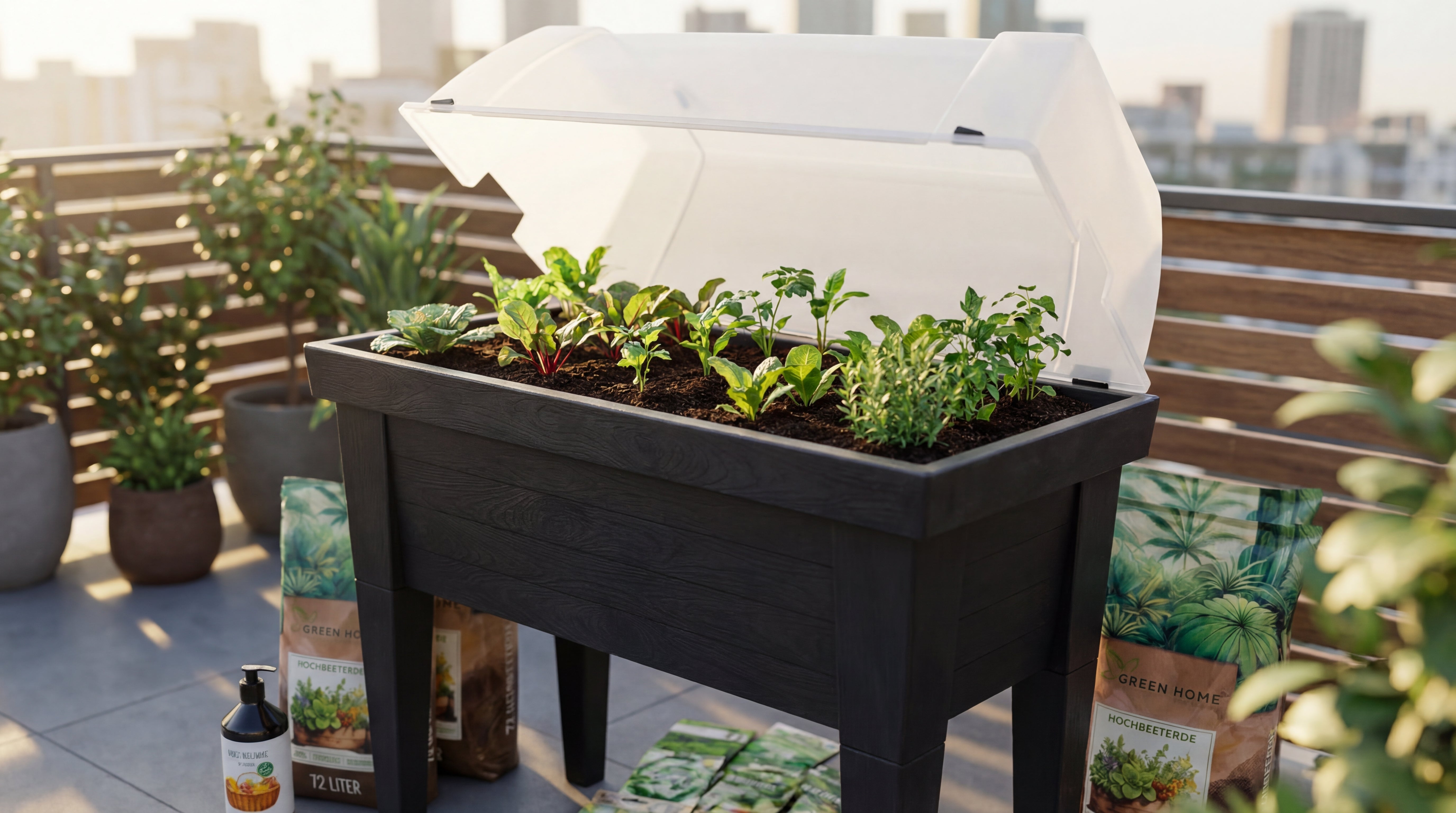 Schwarzes Hochbeet mit transparenter Abdeckung auf einem Balkon, bepflanzt mit verschiedenen Jungpflanzen.