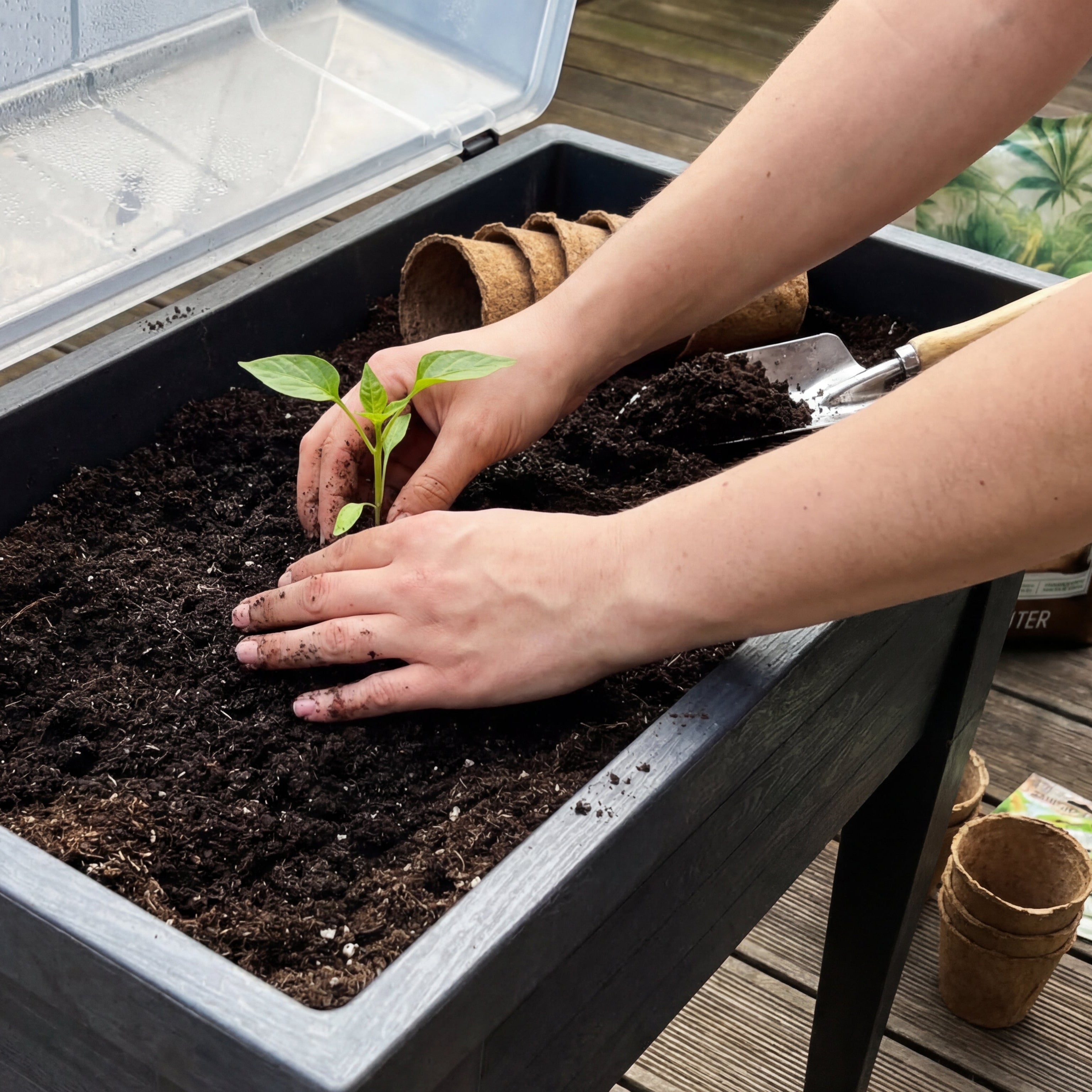 Hände pflanzen einen kleinen Setzling in ein schwarzes Hochbeet mit geöffneter Abdeckung, daneben liegen Gartenzubehör und Samen.