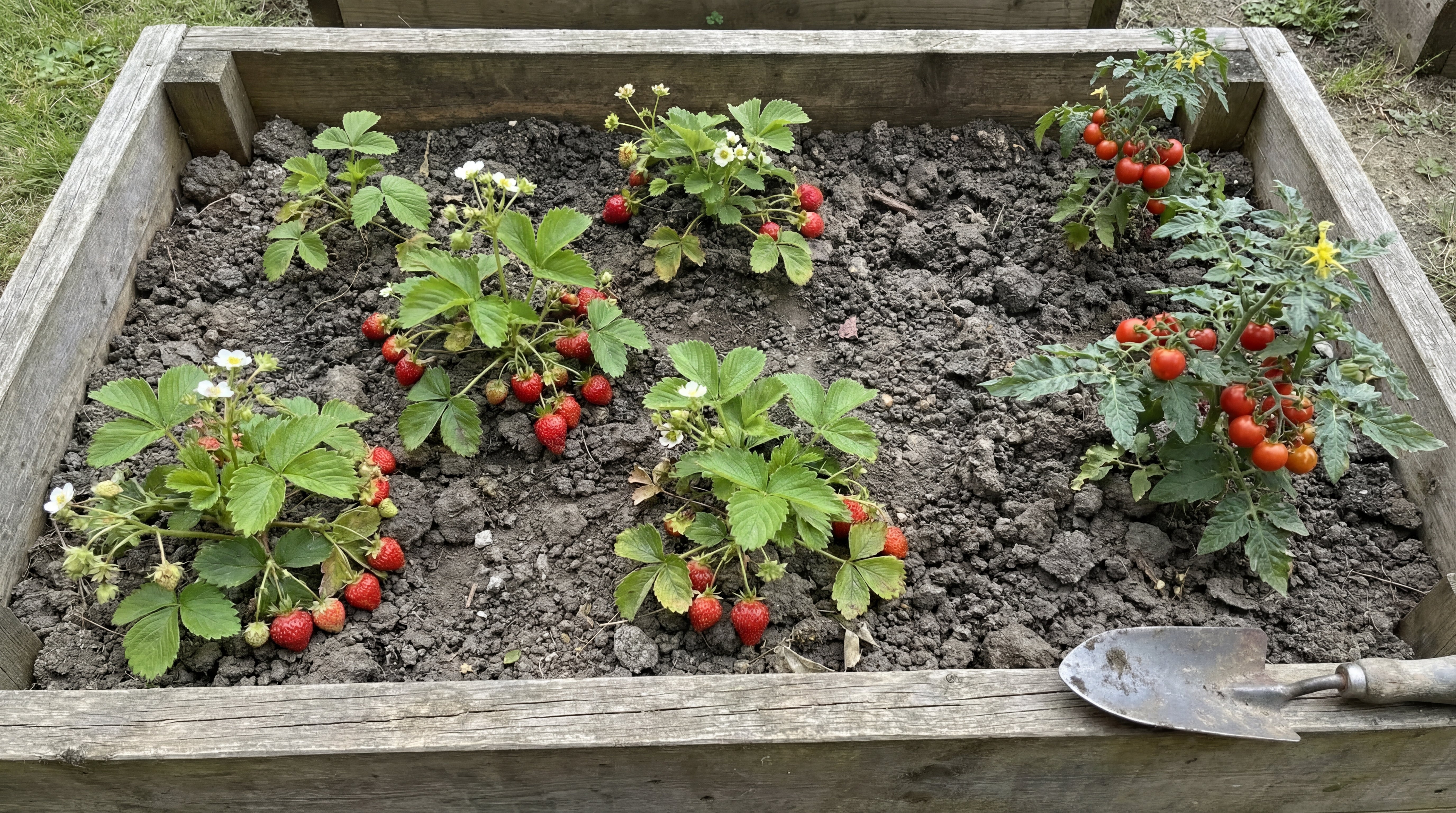 Hochbeet mit kräftig wachsenden Erdbeer- und Tomatenpflanzen und reifen Früchten nach Einsatz von Beeren- und Obsterde.