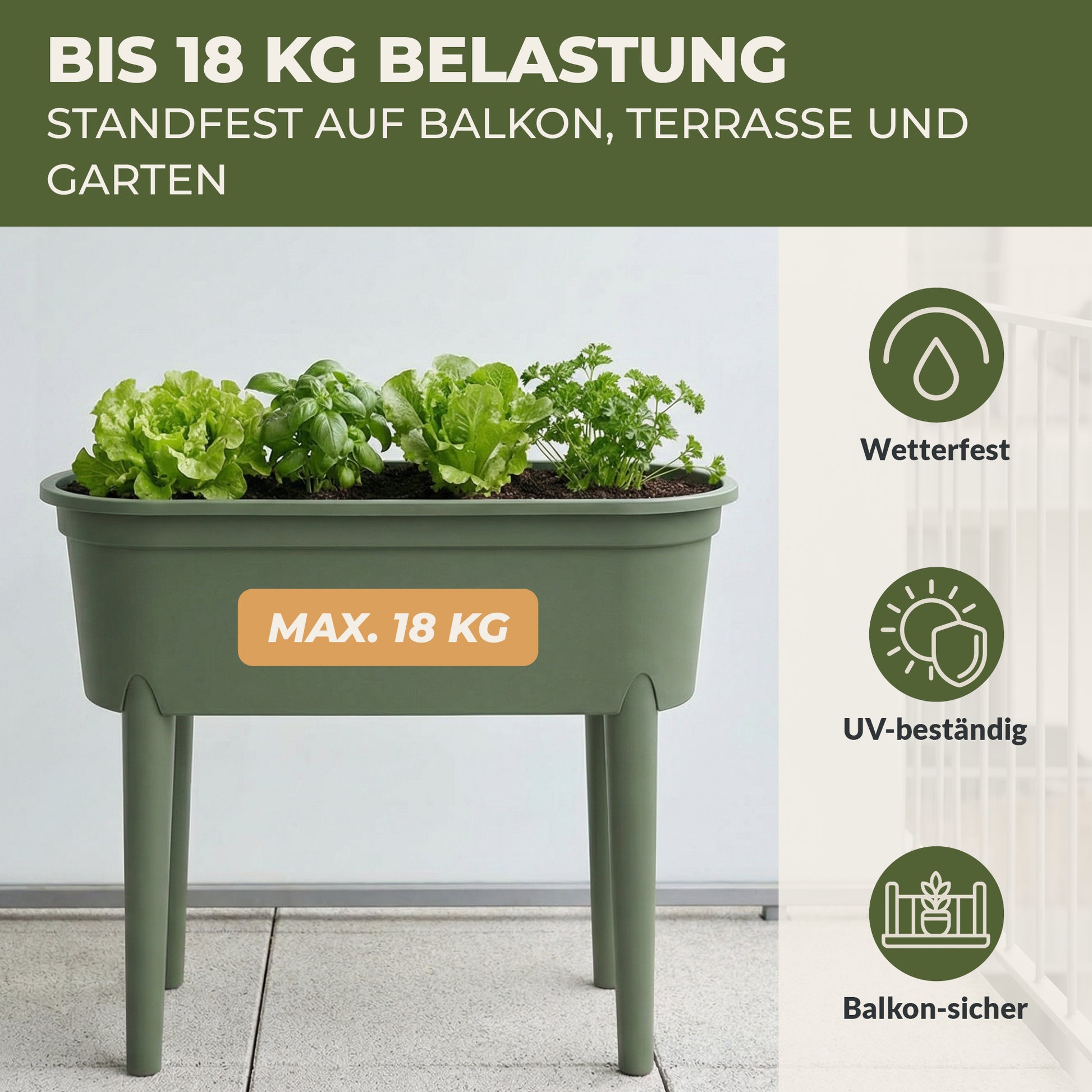 Bepflanztes Hochbeet S mit Kräutern und Salat sowie Hinweis auf maximale Belastung