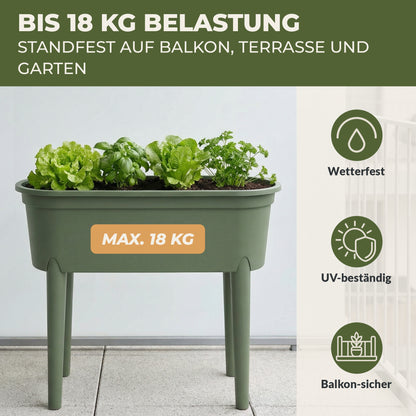 Bepflanztes Hochbeet S mit Kräutern und Salat sowie Hinweis auf maximale Belastung