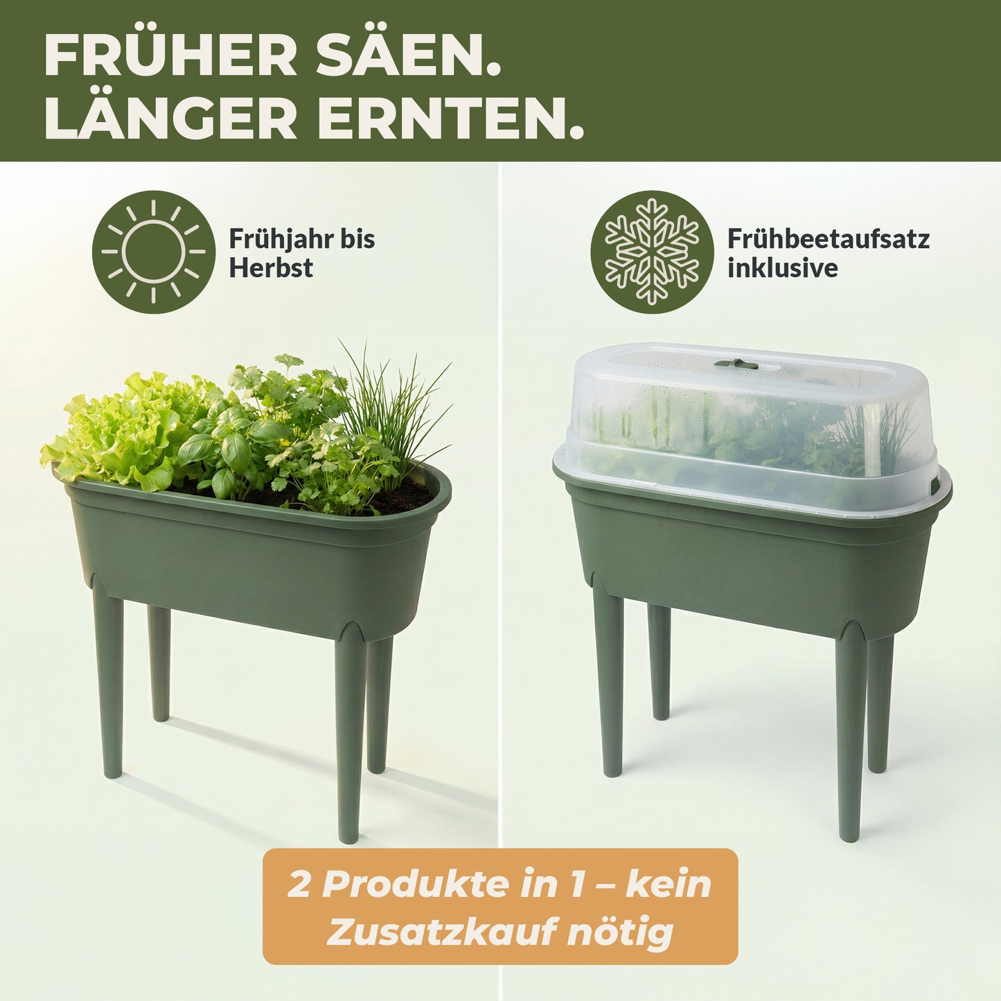 Hochbeet S bepflanzt ohne Abdeckung und mit aufgesetzter Abdeckung im Vergleich