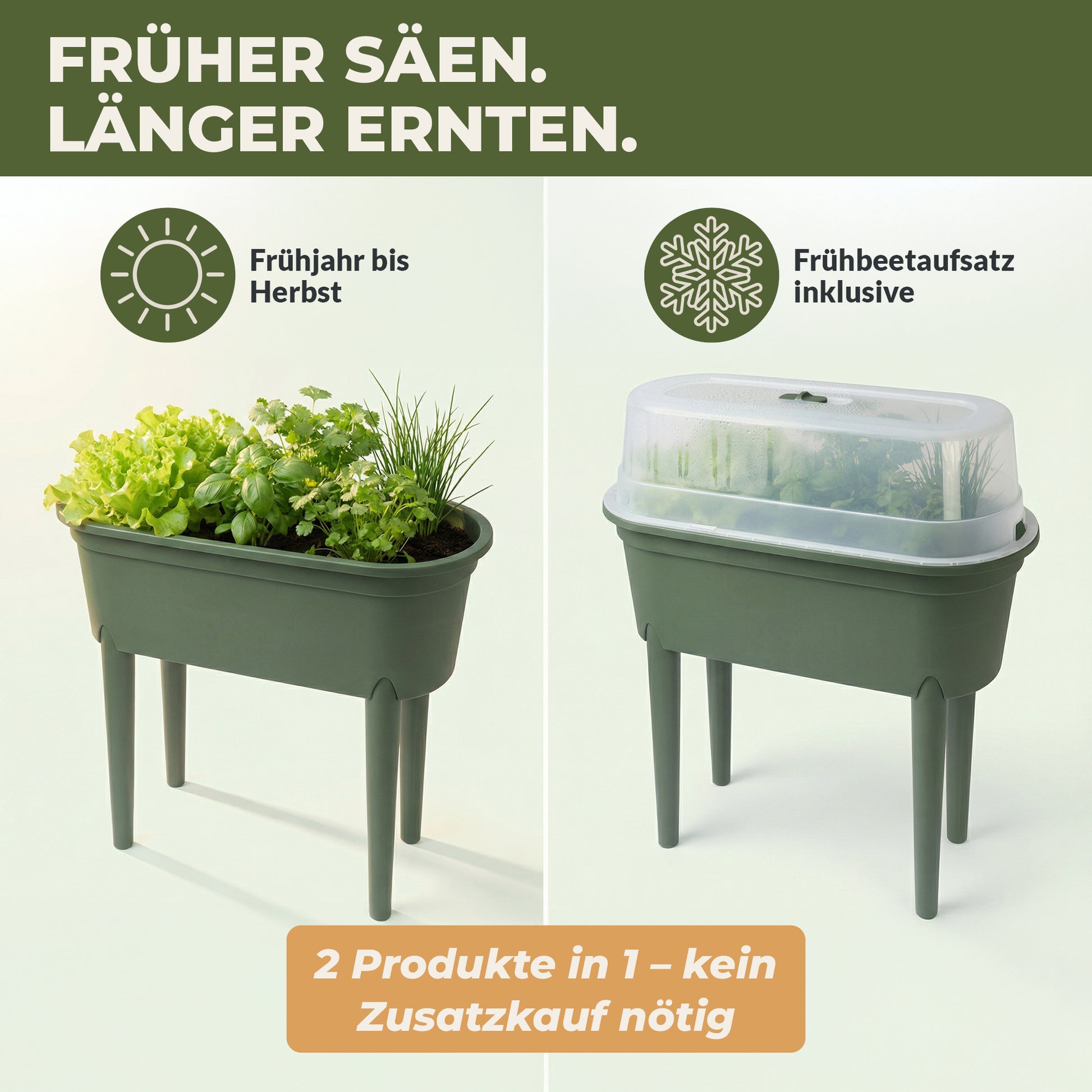 Hochbeet S bepflanzt ohne Abdeckung und mit aufgesetzter Abdeckung im Vergleich