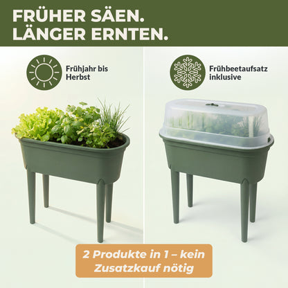 Hochbeet S bepflanzt ohne Abdeckung und mit aufgesetzter Abdeckung im Vergleich