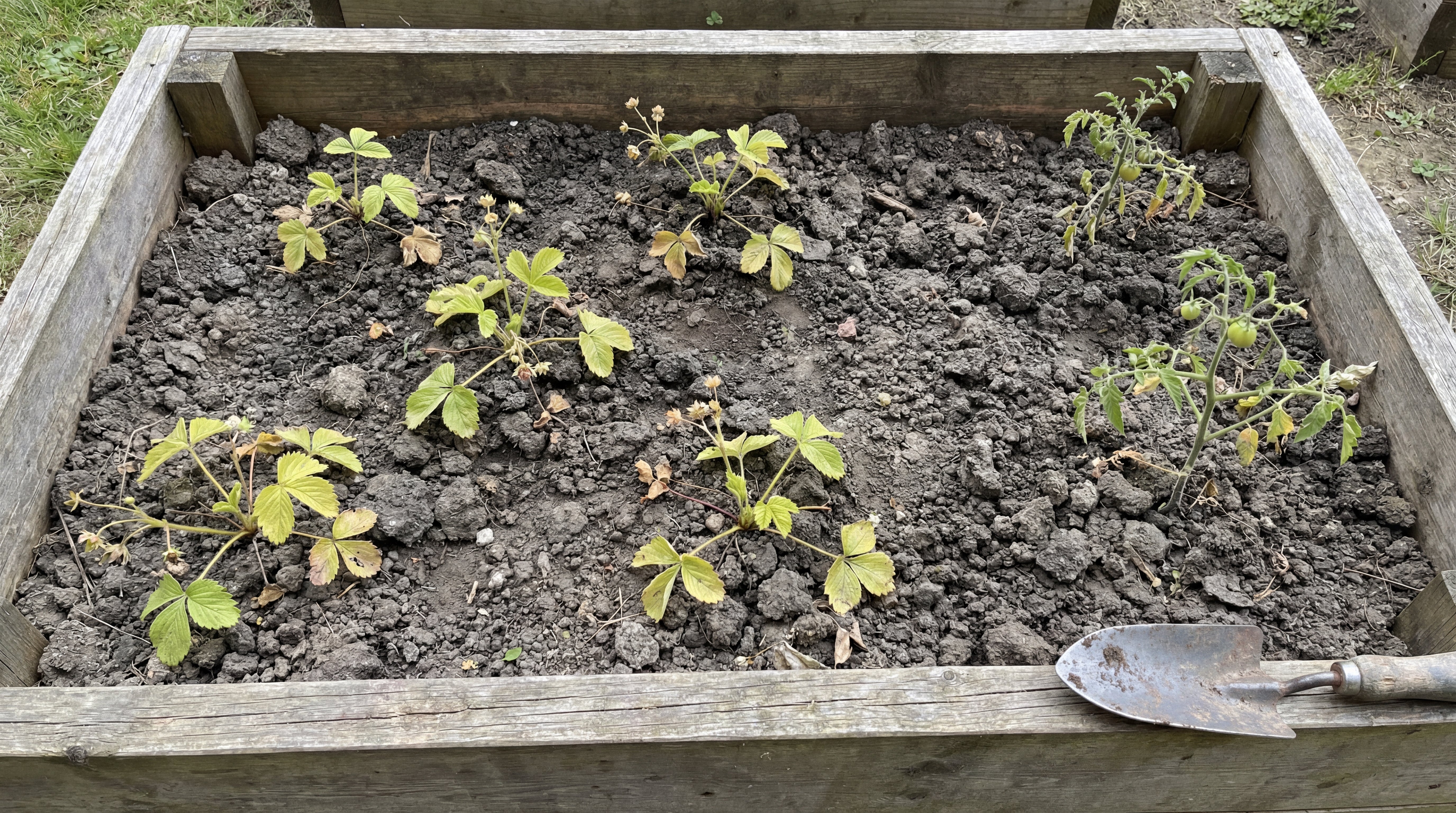 Hochbeet mit jungen Erdbeer- und Tomatenpflanzen in dichter, schwerer Erde vor der Anwendung von spezieller Beeren- und Obsterde.