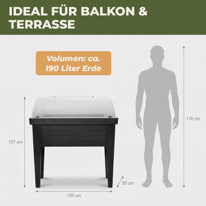 Hochbeet XL mit angegebenen Massen und Volumen im Vergleich zu einer stehenden Person