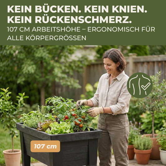 Person bepflanzt das Hochbeet XL in ergonomischer Arbeitshoehe im Garten