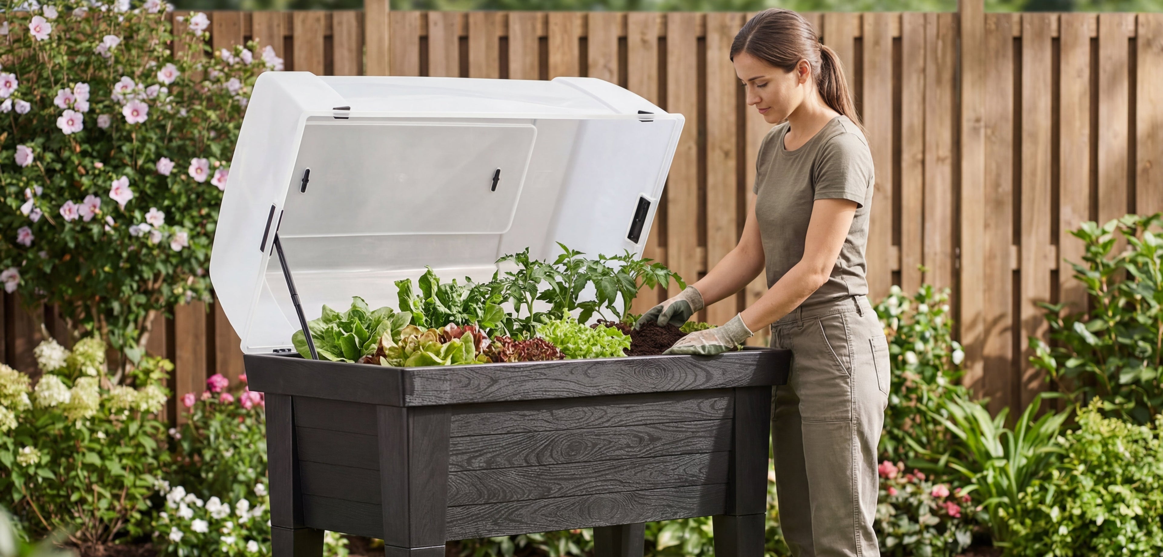 Frau bepflanzt ein Hochbeet XL im Garten waehrend die Fruehbeethaube aufgeklappt ist