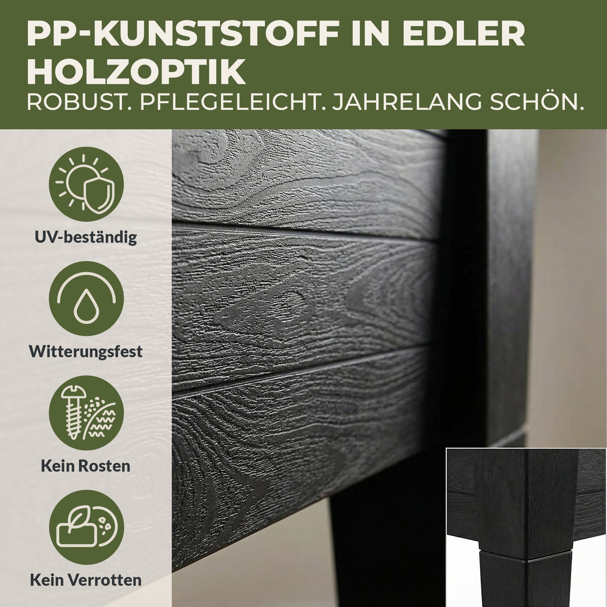 Detailansicht der Oberflaeche vom Hochbeet XL in Holzoptik aus Kunststoff