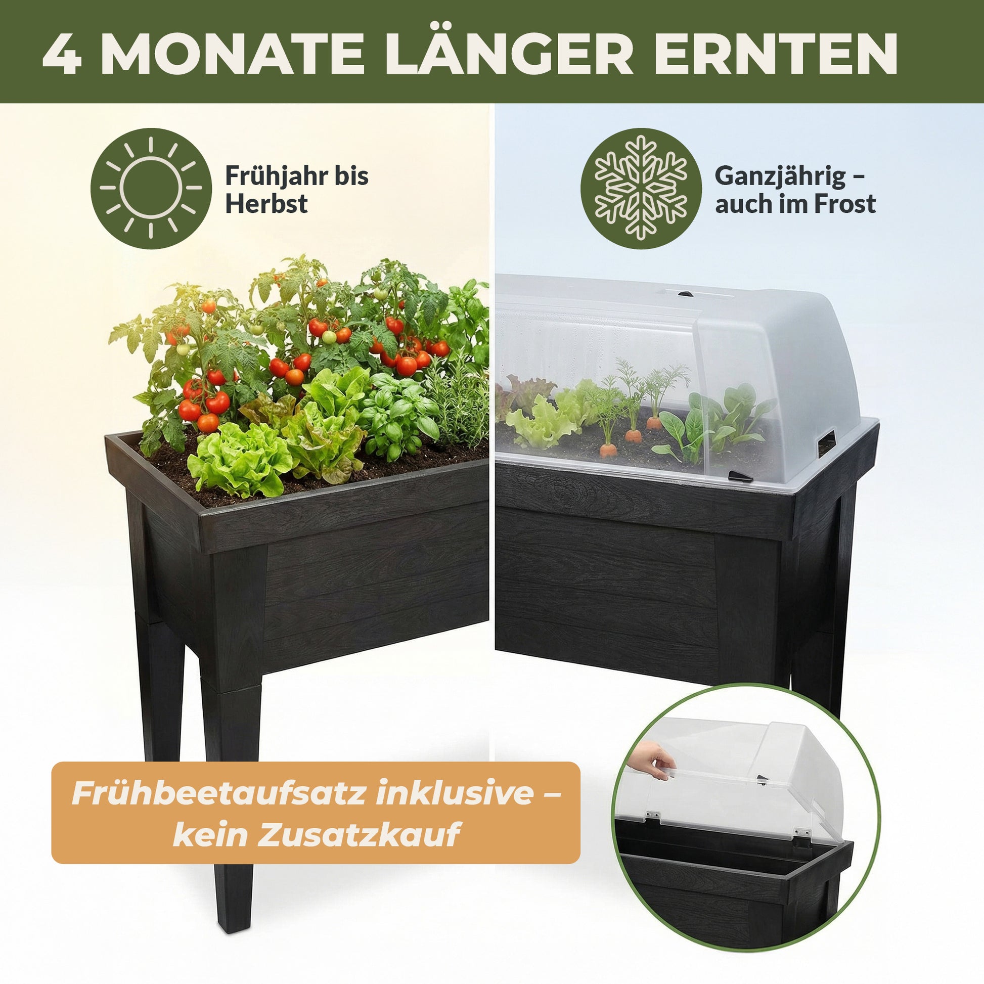 Hochbeet XL mit bepflanztem Beet und aufgesetzter Abdeckung fuer verlaengerte Erntezeit