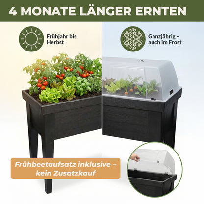 Hochbeet XL mit bepflanztem Beet und aufgesetzter Abdeckung fuer verlaengerte Erntezeit