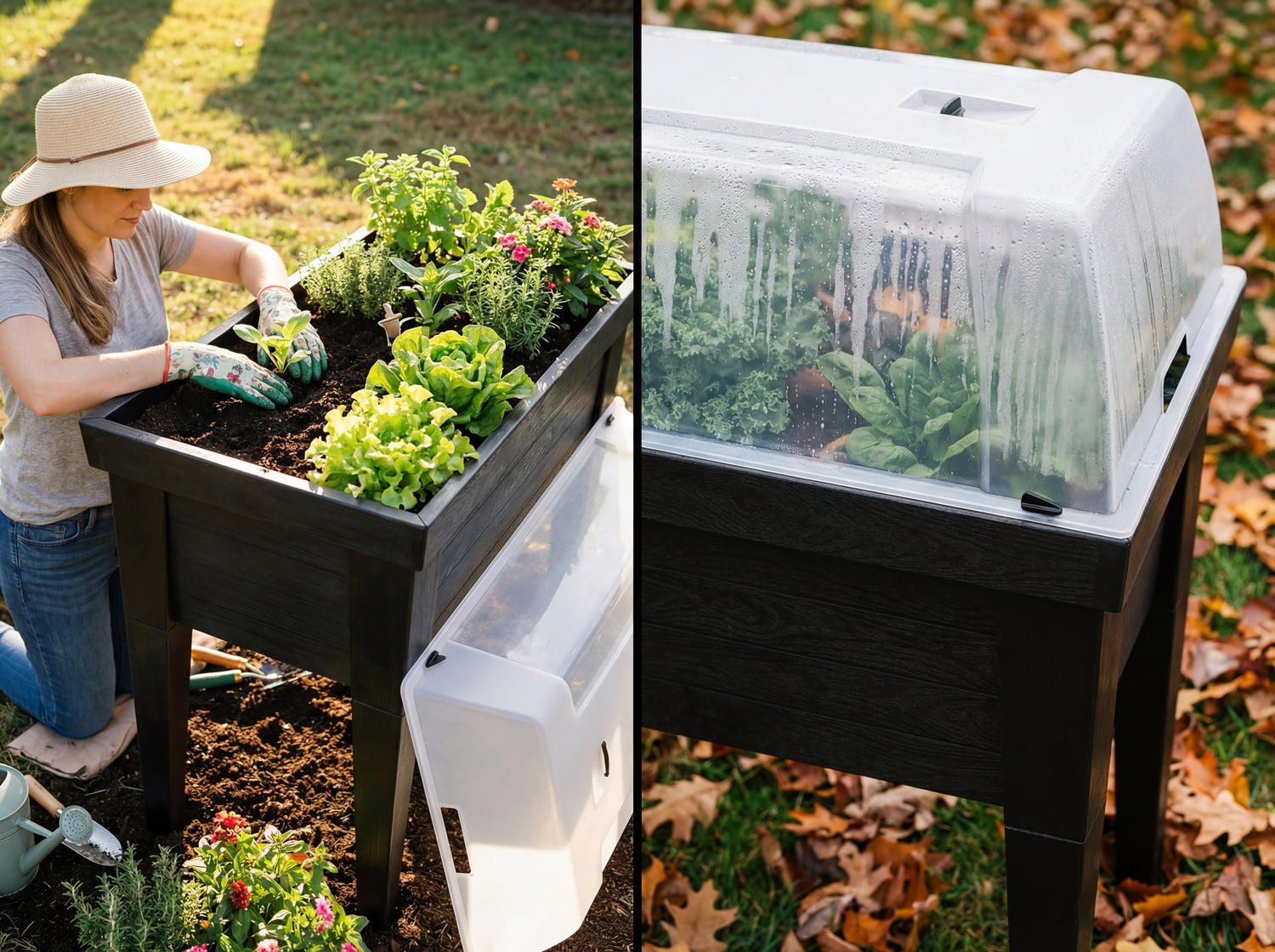 Hochbeet XL im Vergleich einmal offen bepflanzt und einmal mit geschlossener Schutzhaube