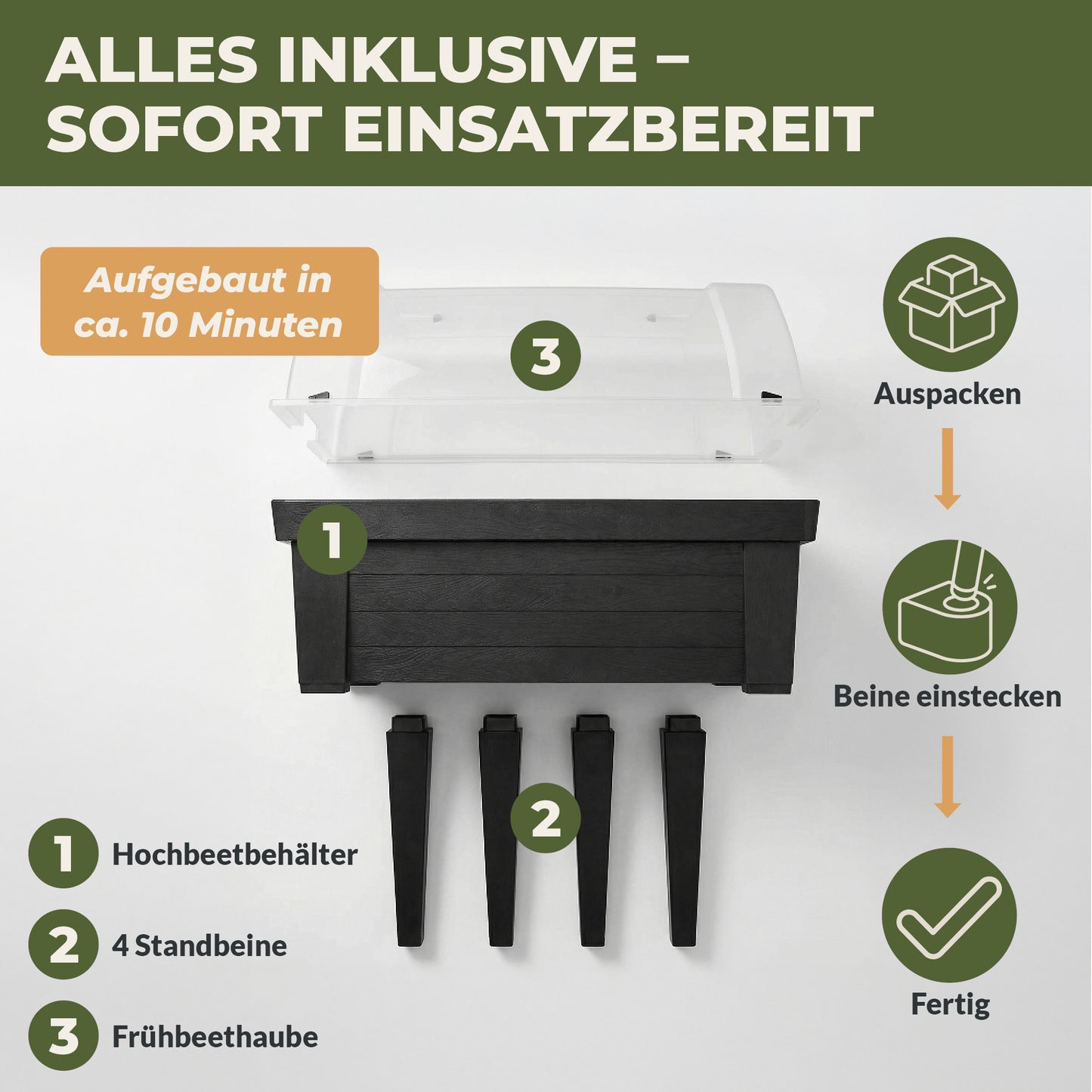 Hochbeet XL mit Einzelteilen wie Behaelter, vier Standbeinen und Fruehbeetabdeckung sowie Darstellung der einfachen Montage in Schritten