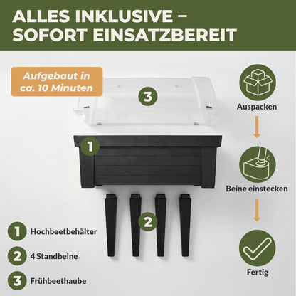 Hochbeet XL mit Einzelteilen wie Behaelter, vier Standbeinen und Fruehbeetabdeckung sowie Darstellung der einfachen Montage in Schritten