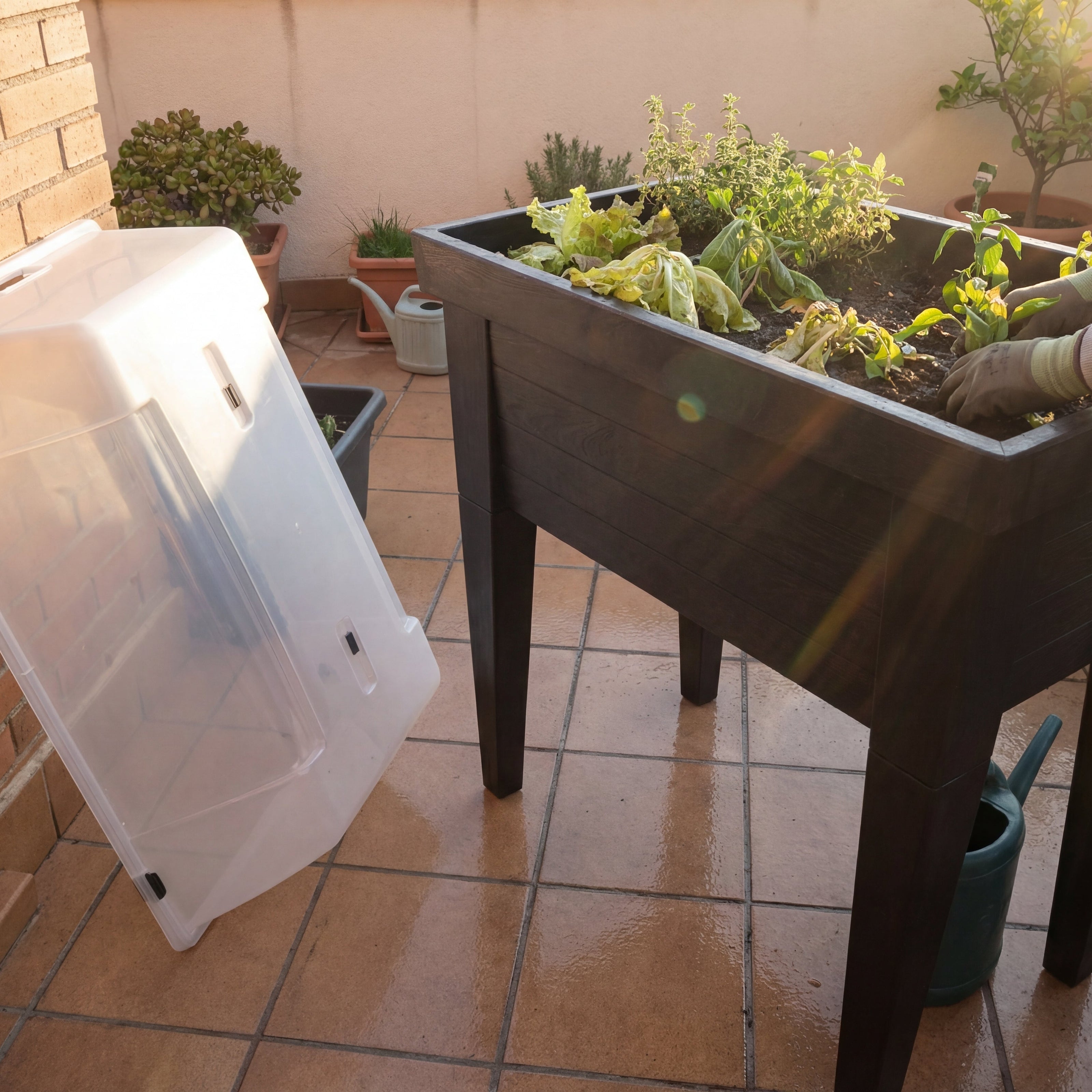 Hochbeet XL auf einer Terrasse mit abgenommener Fruehbeethaube waehrend eine Person Pflanzen einsetzt